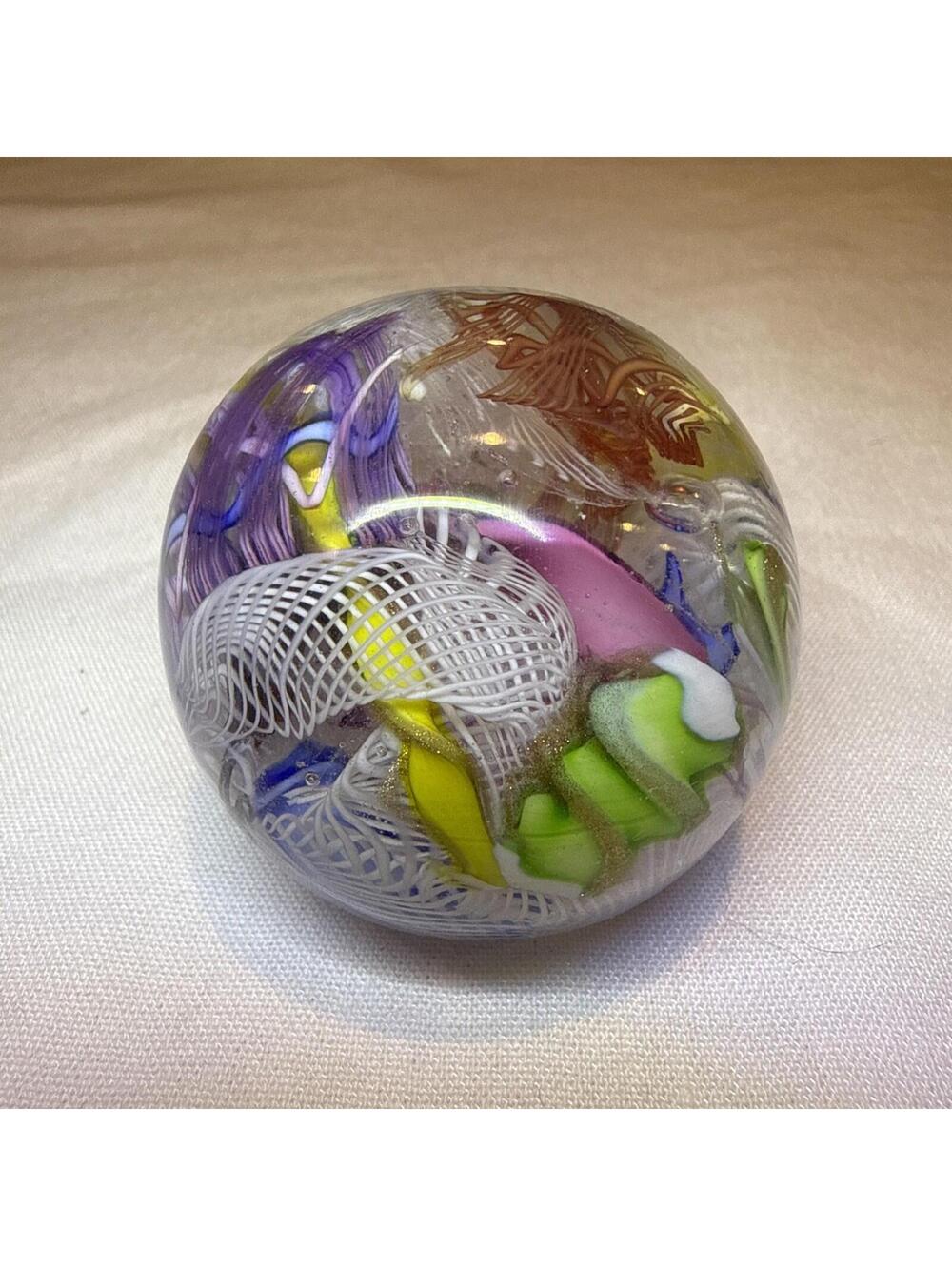 VTG Murano Art Glass Paperweight Lattice  Ribbon Scramble Blue Purple Green 1.2”